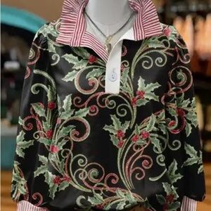 Festive Black and Red Holly Print Blouse NWT